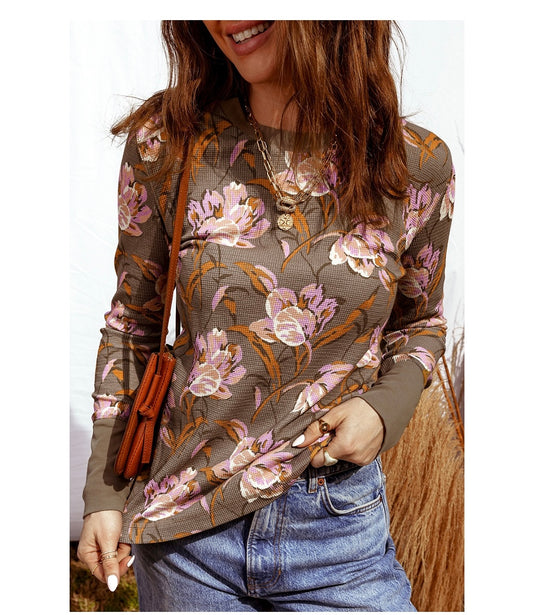 Floral waffle knit long sleeve top