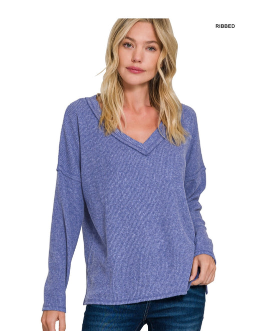 Raw seam long sleeve V- neck drop shoulder